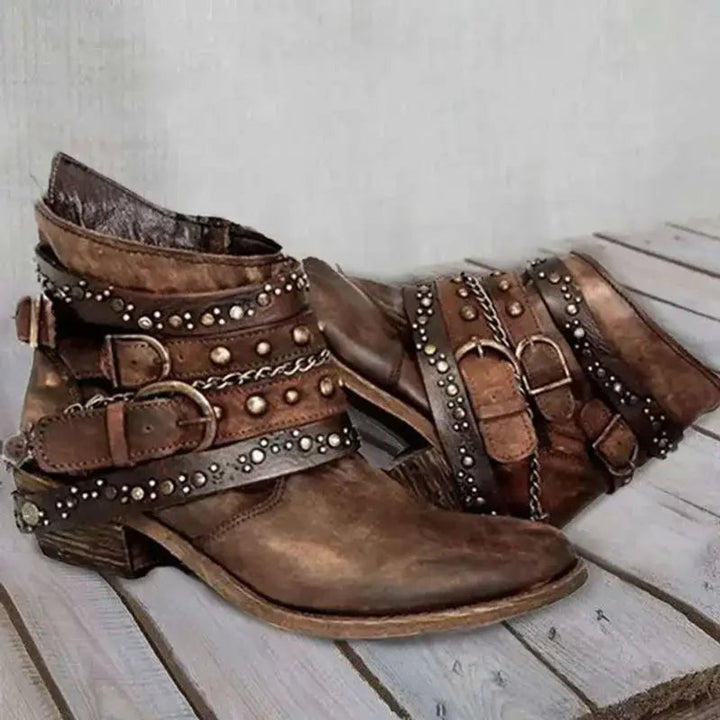 Women's Studded Buckle-Strap Moto Ankle Boots