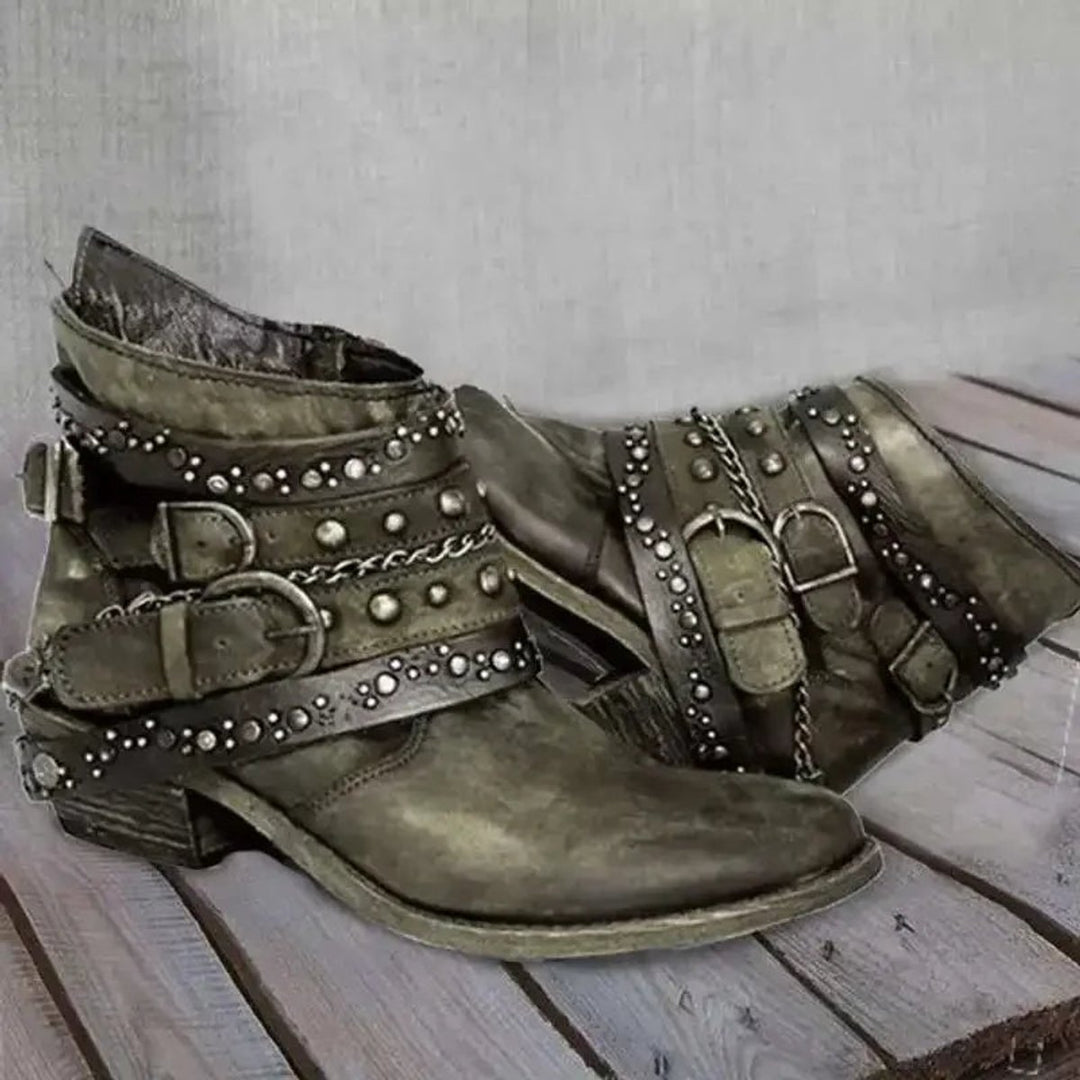 Women's Studded Buckle-Strap Moto Ankle Boots