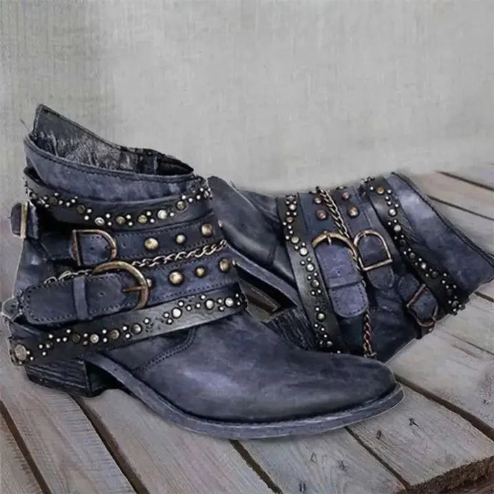 Women's Studded Buckle-Strap Moto Ankle Boots