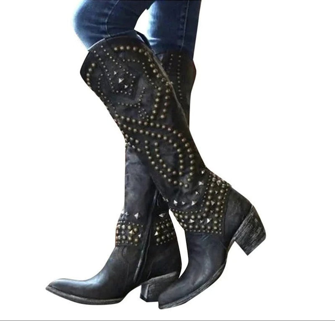 Women's Studded Knee-High Western Cowboy Block-Heel Boots - Black