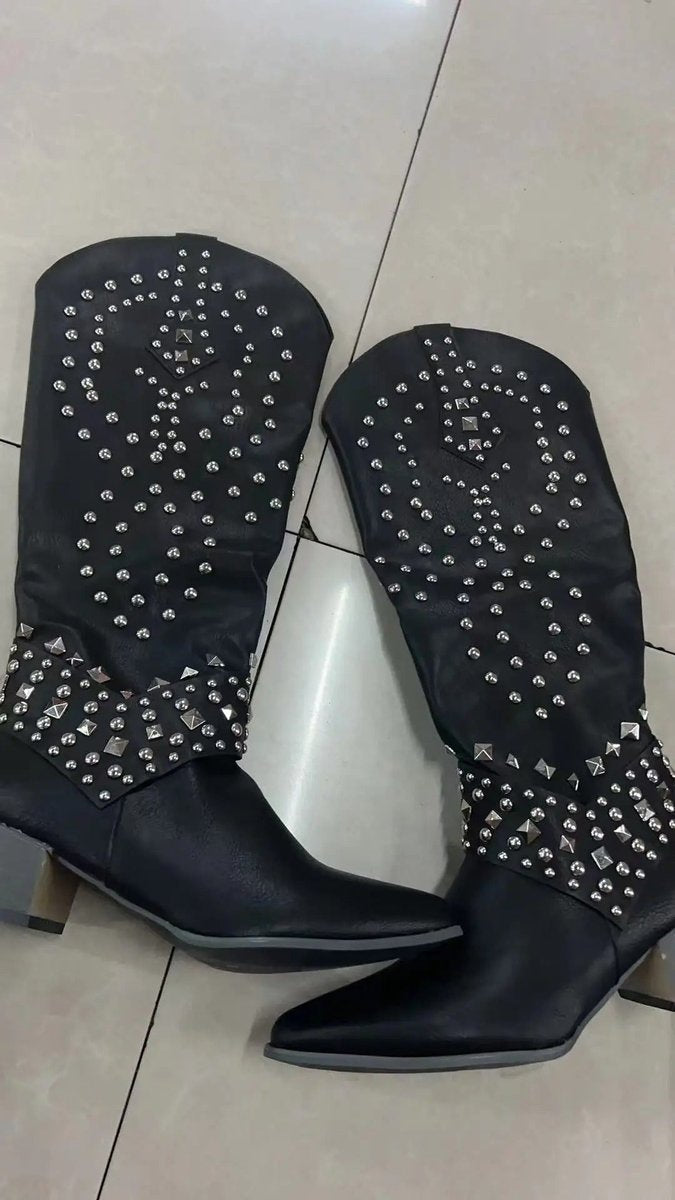 Women's Studded Knee-High Western Cowboy Block-Heel Boots