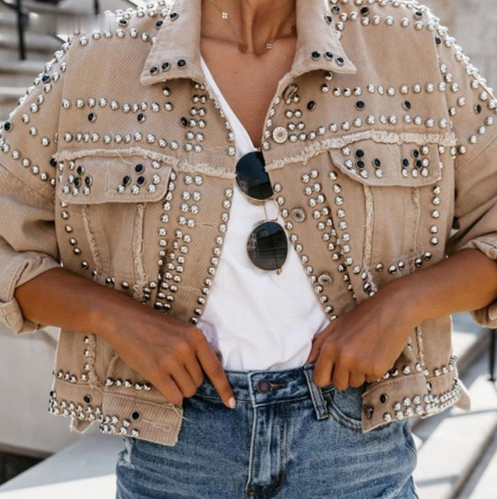 Women's Studded Rhinestone Cropped Denim Jacket