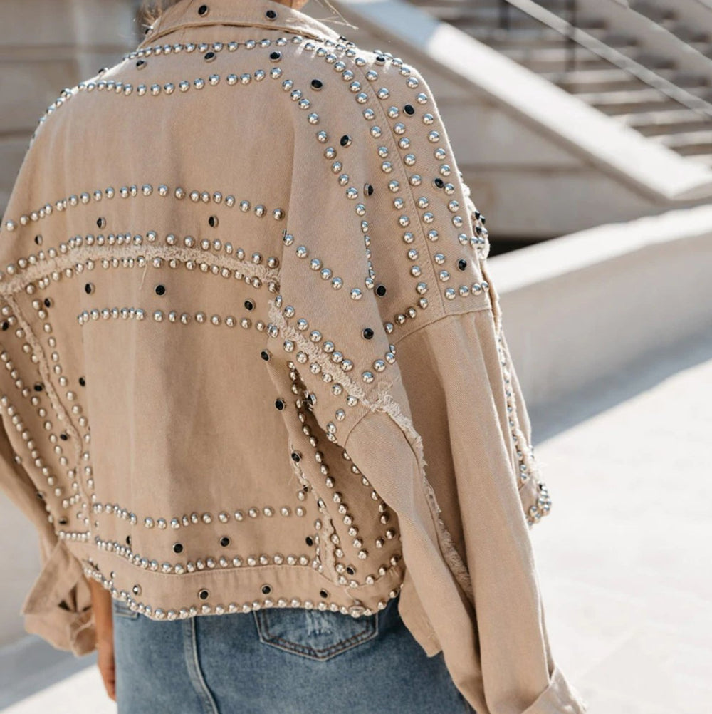 Women's Studded Rhinestone Cropped Denim Jacket