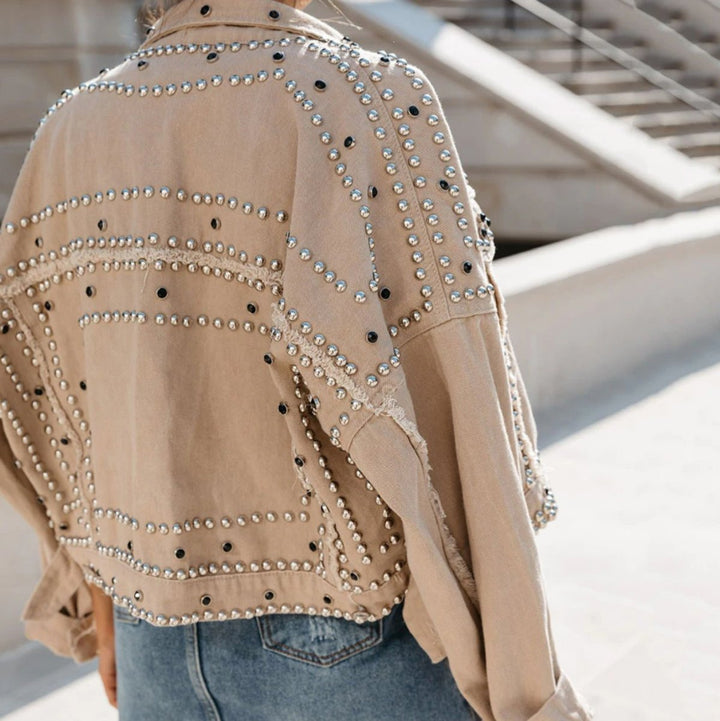 Women's Studded Rhinestone Cropped Denim Jacket