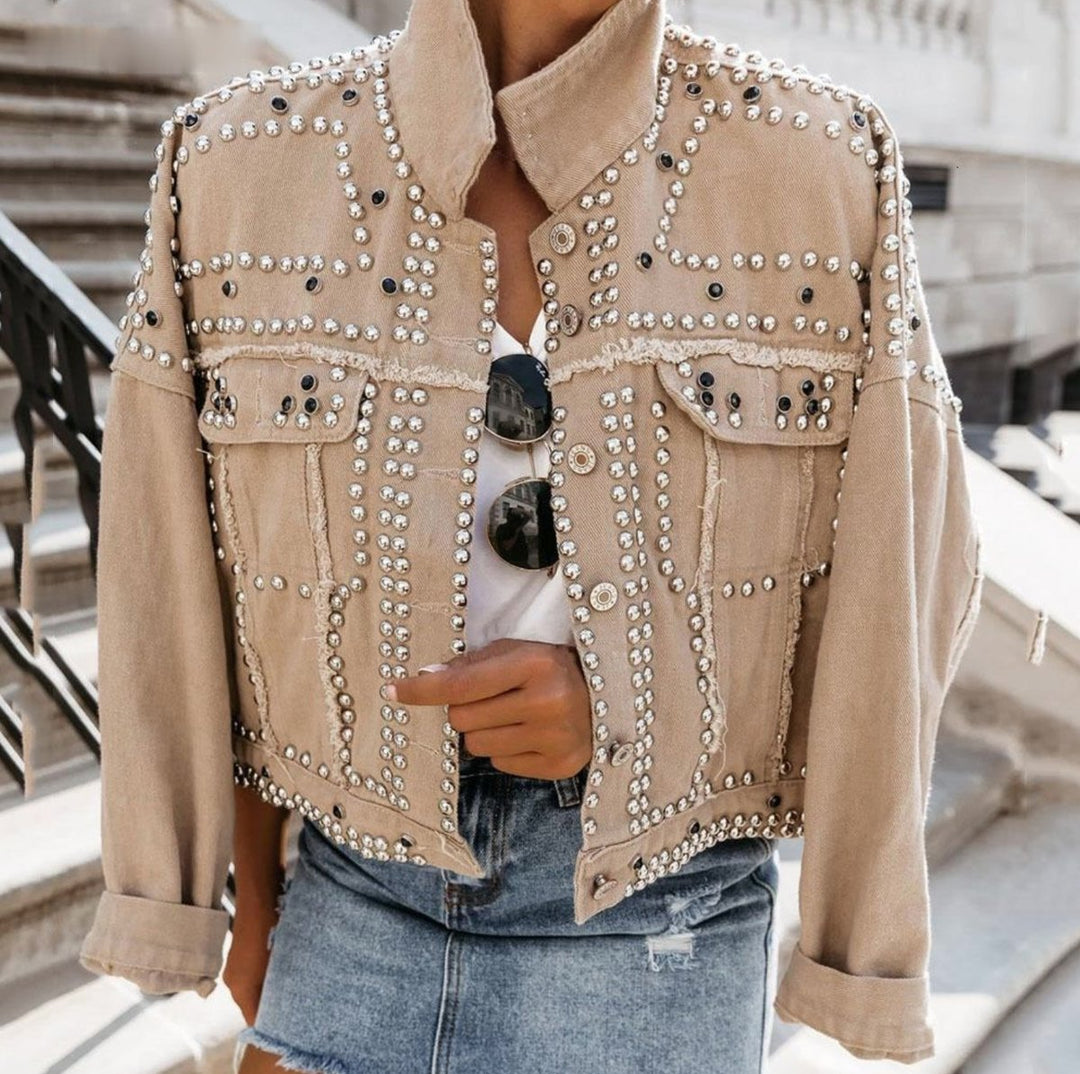 Women's Studded Rhinestone Cropped Denim Jacket