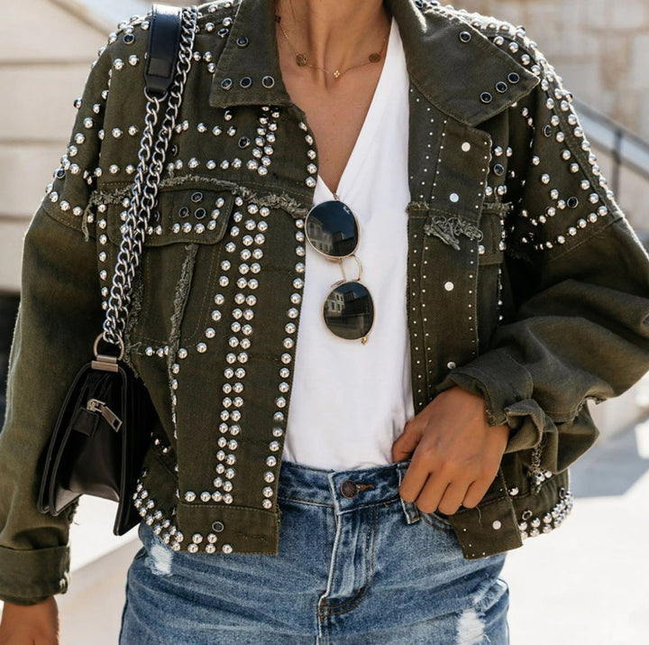 Women's Studded Rhinestone Cropped Denim Jacket