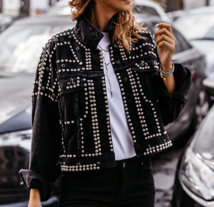 Women's Studded Rhinestone Cropped Denim Jacket