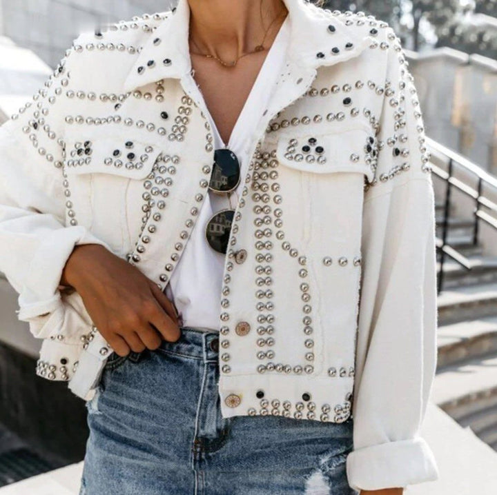 Women's Studded Rhinestone Cropped Denim Jacket