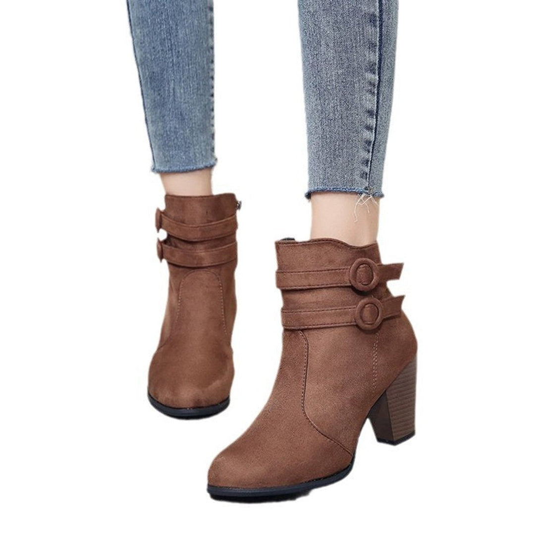 Women's Suede Block-Heel Buckle-Strap Ankle Boots