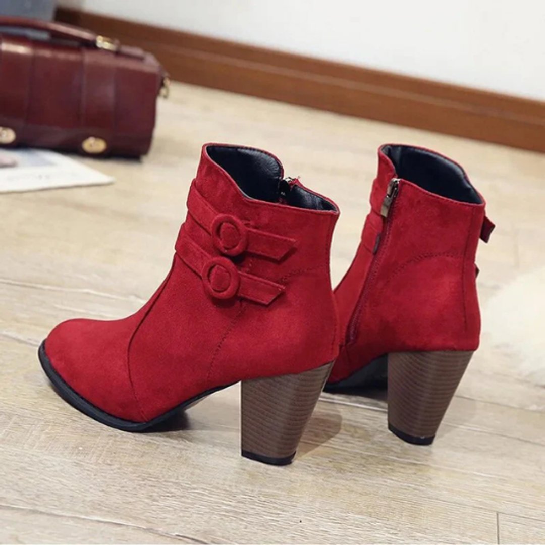 Women's Suede Block Heel Double Buckle Zip Ankle Boots