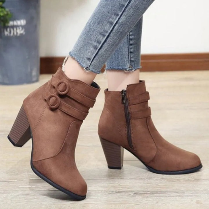 Women's Suede Block Heel Double Buckle Zip Ankle Boots