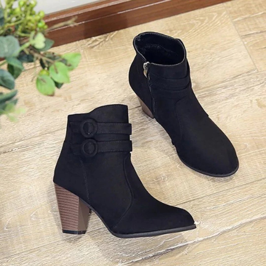 Women's Suede Block Heel Double Buckle Zip Ankle Boots