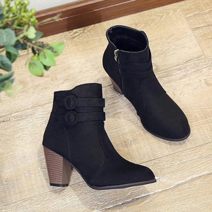 Women's Suede Block Heel Double Buckle Zip Ankle Boots