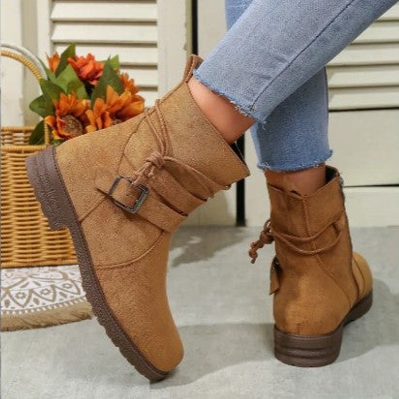 Women's Suede Buckle-Strap Lace-Up Ankle Boots
