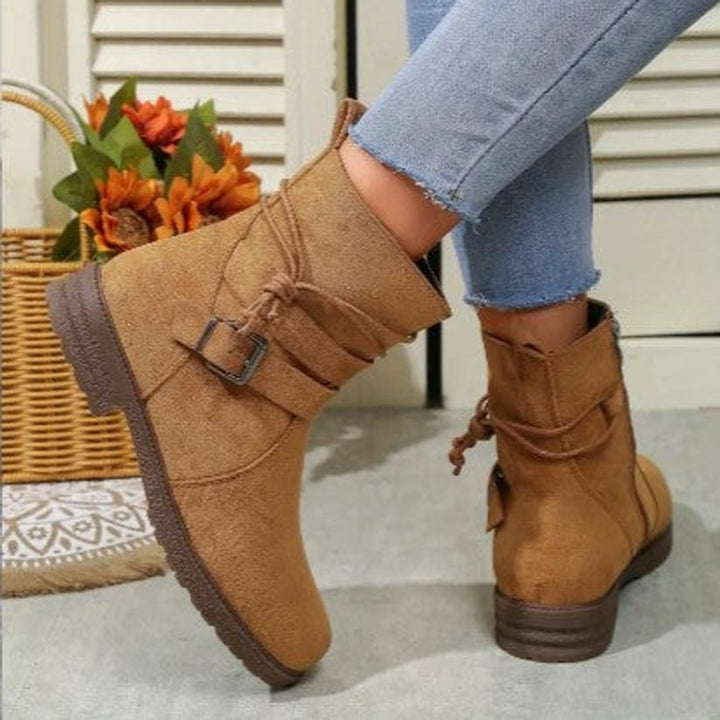 Women's Suede Buckle-Strap Lace-Up Ankle Boots