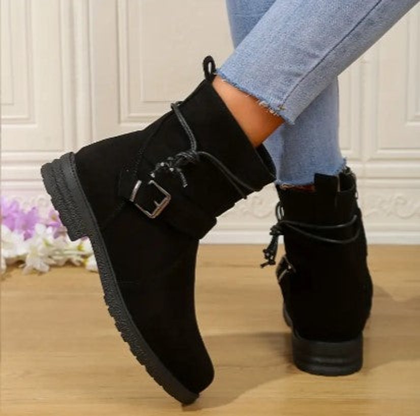 Women's Suede Buckle-Strap Lace-Up Ankle Boots