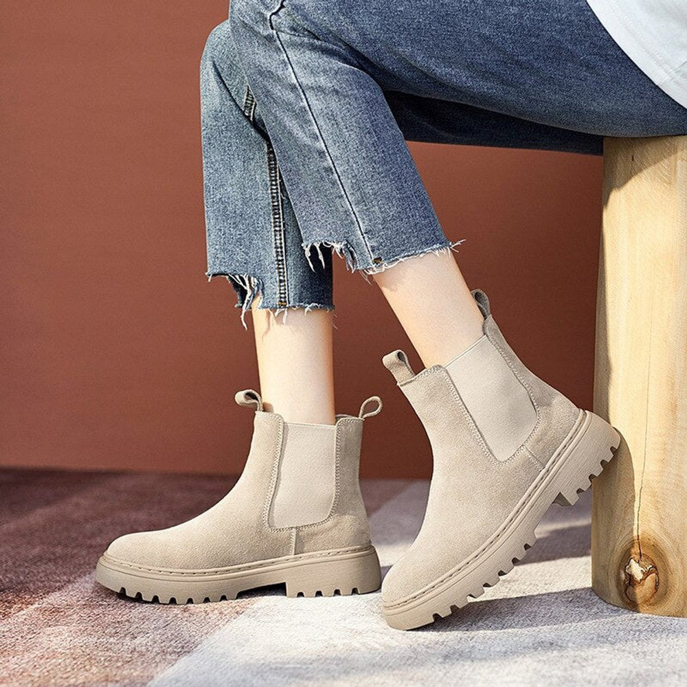 Women's Suede Chelsea Ankle Boots Elastic Side Panel Platform Sole