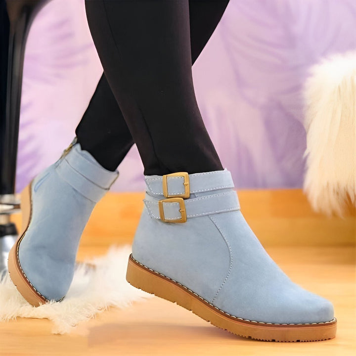 Women's Suede Double-Buckle Side-Zip Flat Ankle Boots