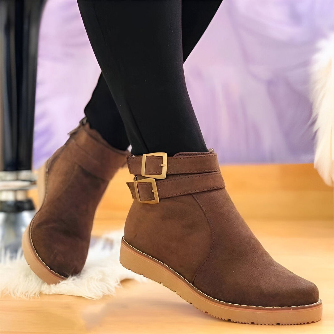 Women's Suede Double-Buckle Side-Zip Flat Ankle Boots