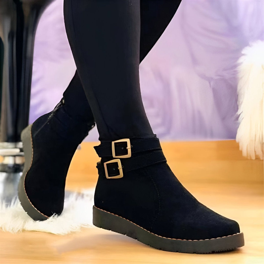 Women's Suede Double-Buckle Side-Zip Flat Ankle Boots