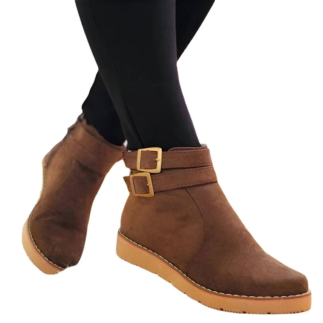 Women's Suede Double-Buckle Side-Zip Flat Ankle Boots