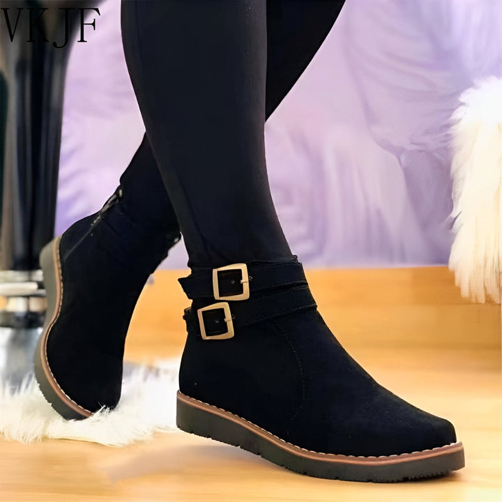 Women's Suede Double-Buckle Side-Zip Flat Ankle Boots