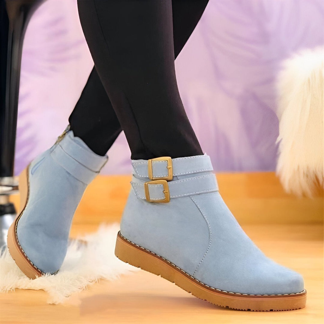 Women's Suede Double-Buckle Side-Zip Flat Ankle Boots