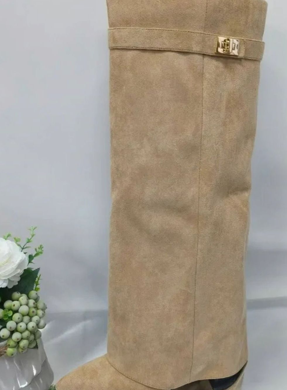 Women's Suede Knee-High Buckle-Strap Wedge Thigh-High Boots - Apricot
