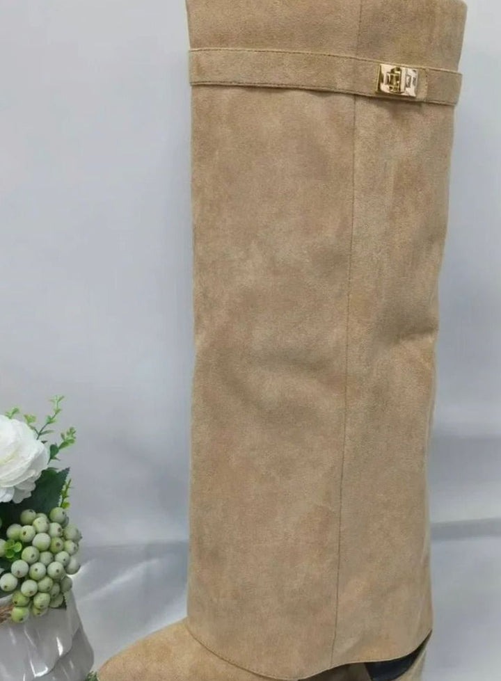 Women's Suede Knee-High Buckle-Strap Wedge Thigh-High Boots - Apricot