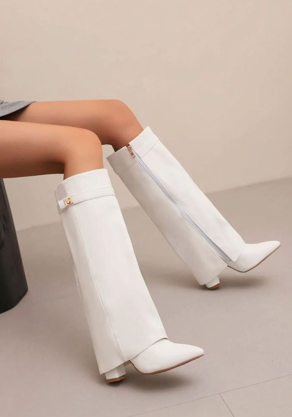 Women's Suede Knee-High Buckle-Strap Wedge Thigh-High Boots - White Plush