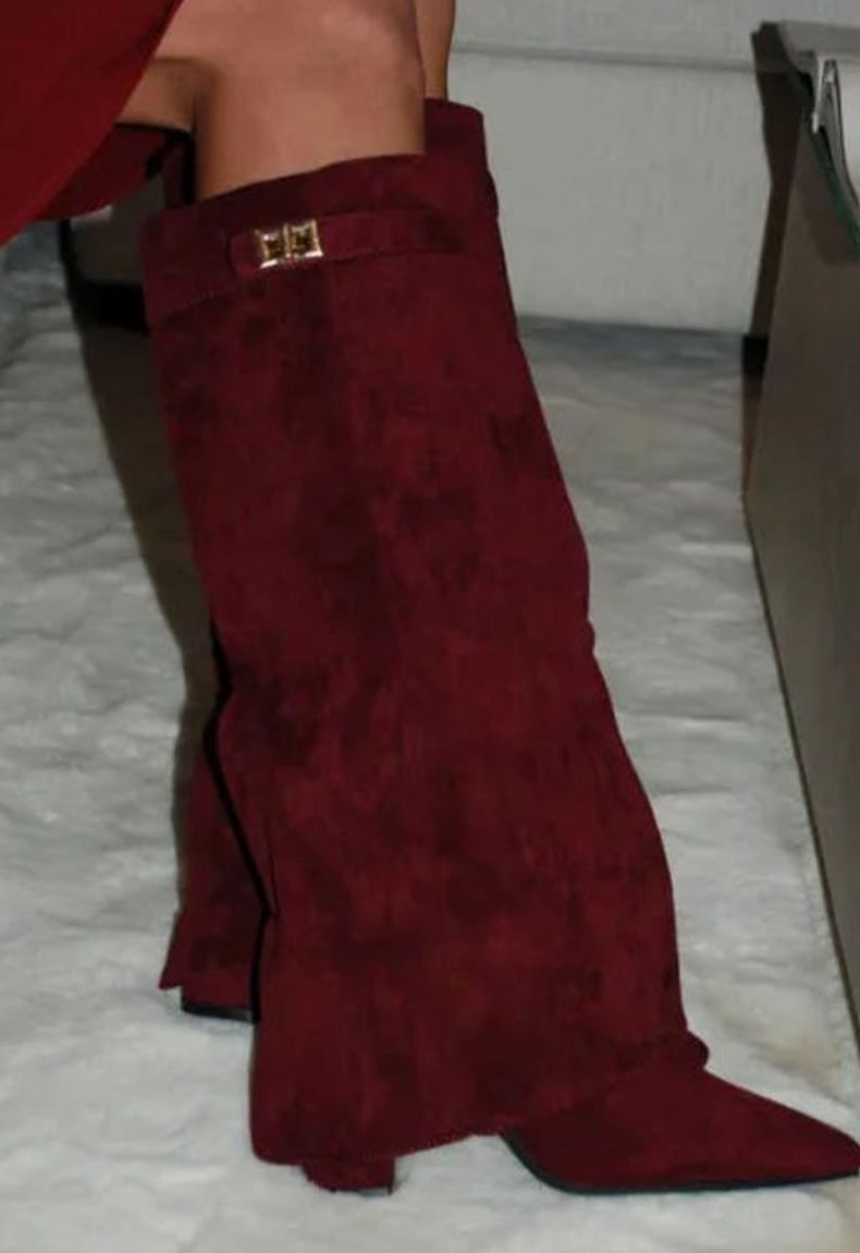 Women's Suede Knee-High Buckle-Strap Wedge Thigh-High Boots - Red Suede