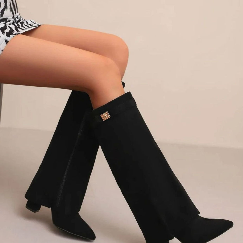 Women's Suede Knee-High Buckle-Strap Wedge Thigh-High Boots - Suede Plush