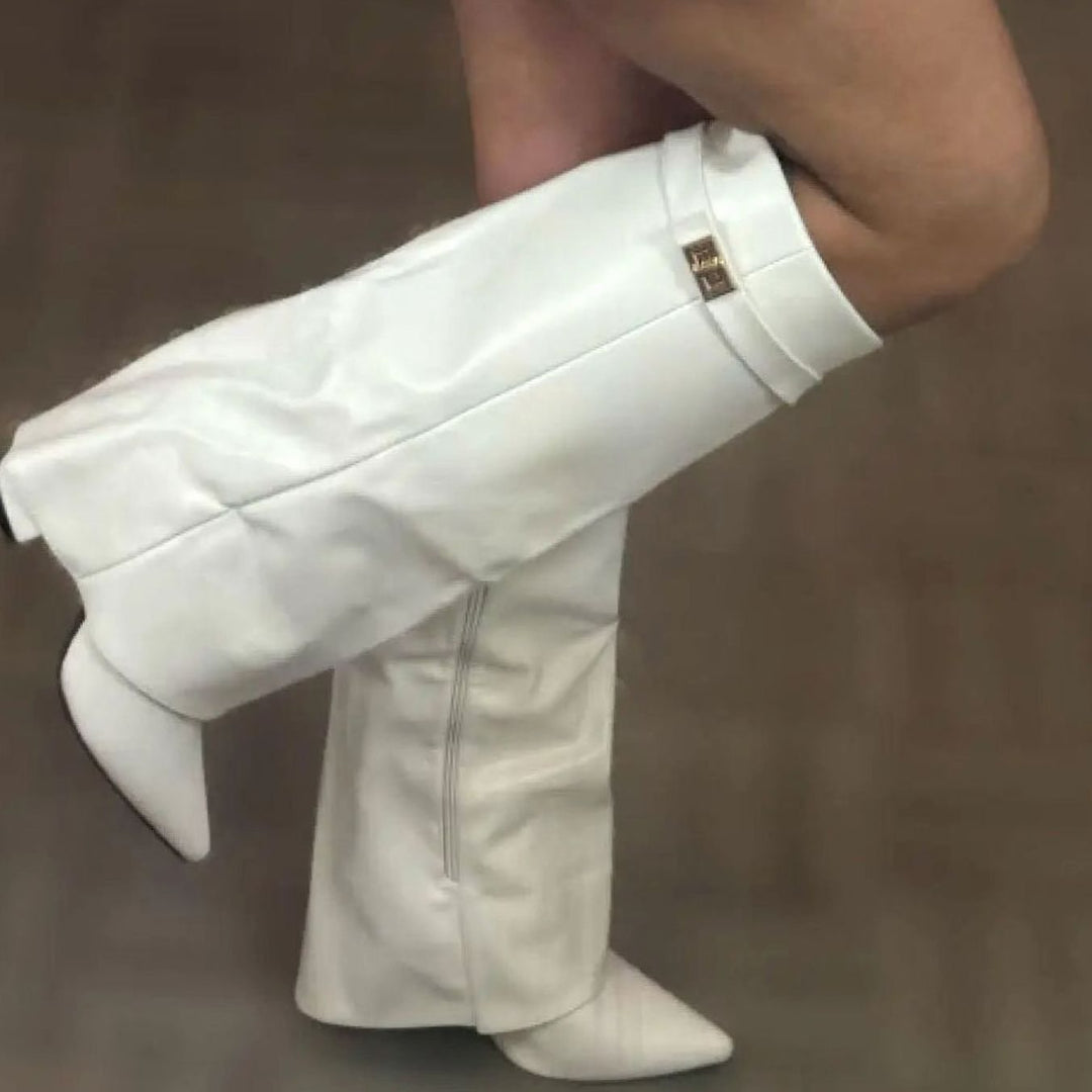 Women's Suede Knee-High Buckle-Strap Wedge Thigh-High Boots - White