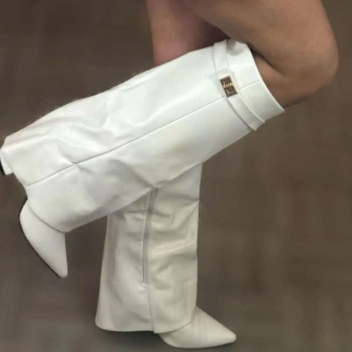 Women's Suede Knee-High Buckle-Strap Wedge Thigh-High Boots - White