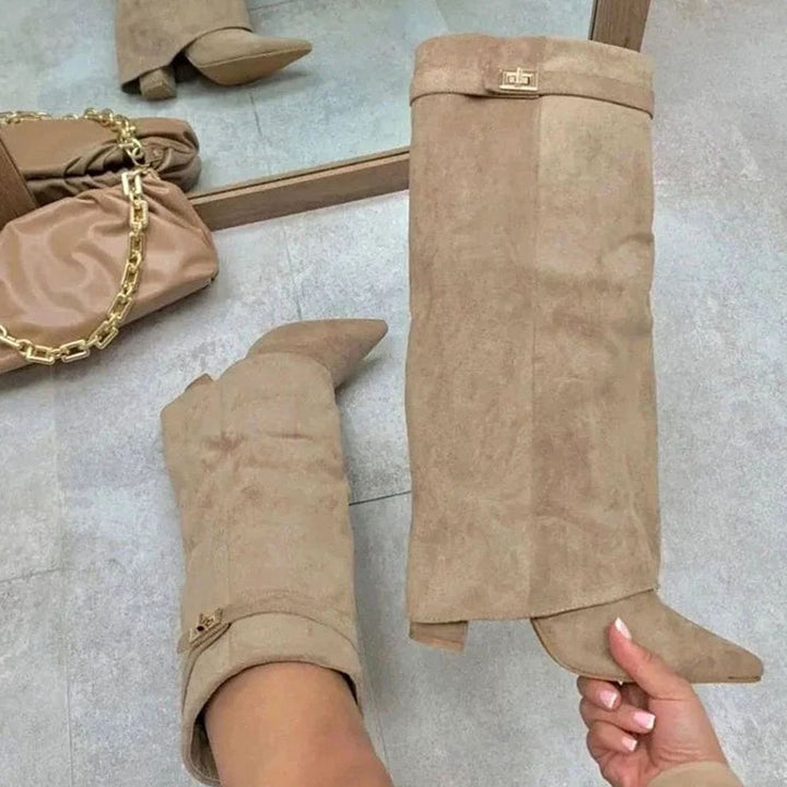 Women's Suede Knee-High Buckle-Strap Wedge Thigh-High Boots - Apricot Plush