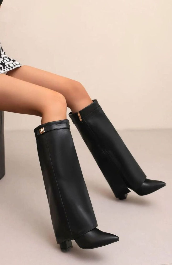 Women's Suede Knee-High Buckle-Strap Wedge Thigh-High Boots - Black Plush