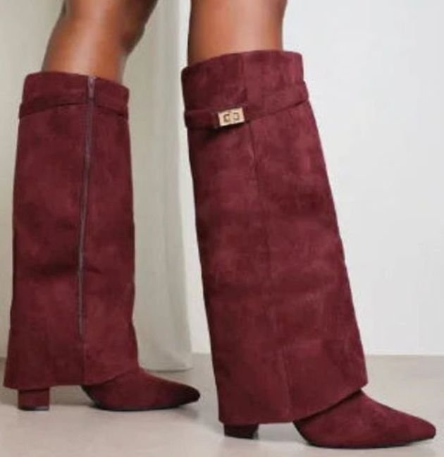 Women's Suede Knee-High Buckle-Strap Wedge Thigh-High Boots - Red Suede Plush