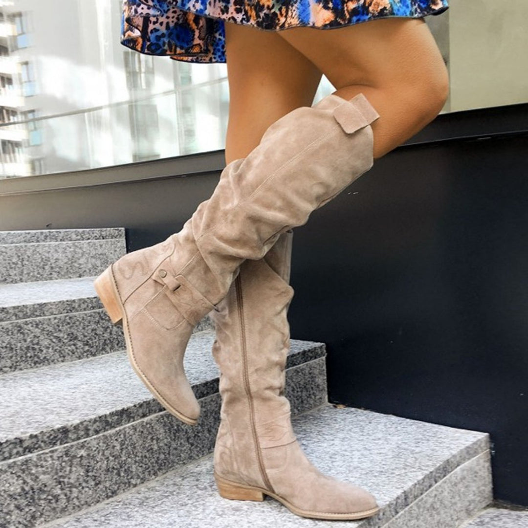 Women's Suede Knee-High Slouchy Flat Boots Side-Zip