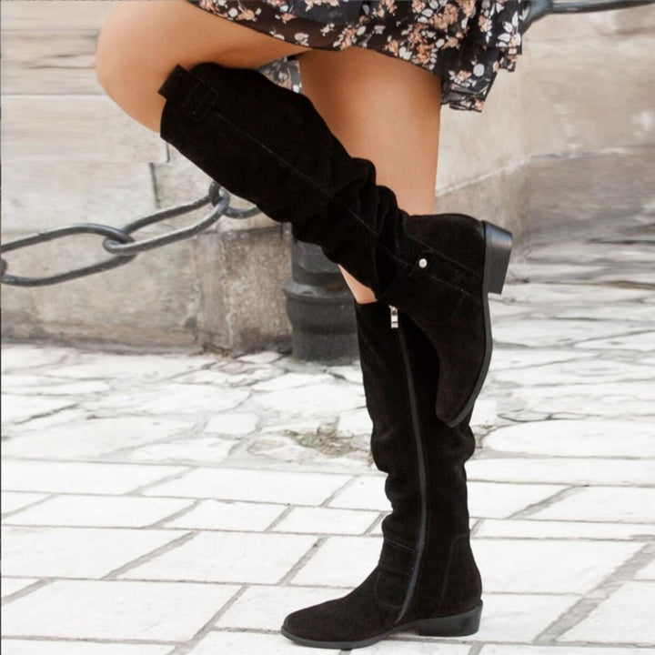Women's Suede Knee-High Slouchy Flat Boots Side-Zip
