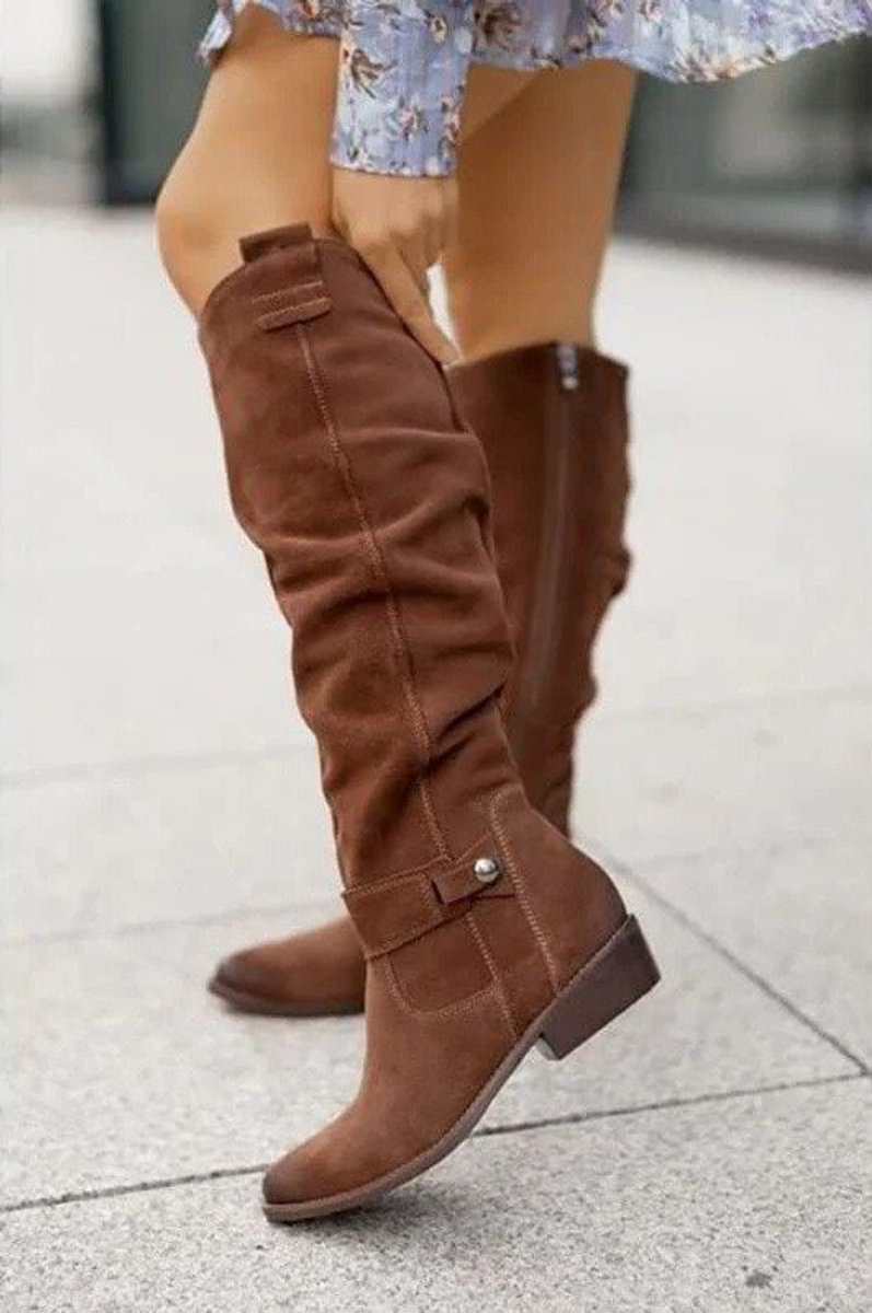 Women's Suede Knee-High Slouchy Flat Boots Side-Zip