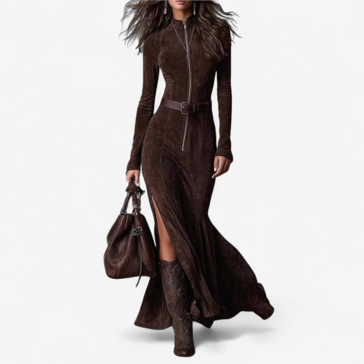 Women's Suede Long-Sleeve Belted Maxi Formal Dress