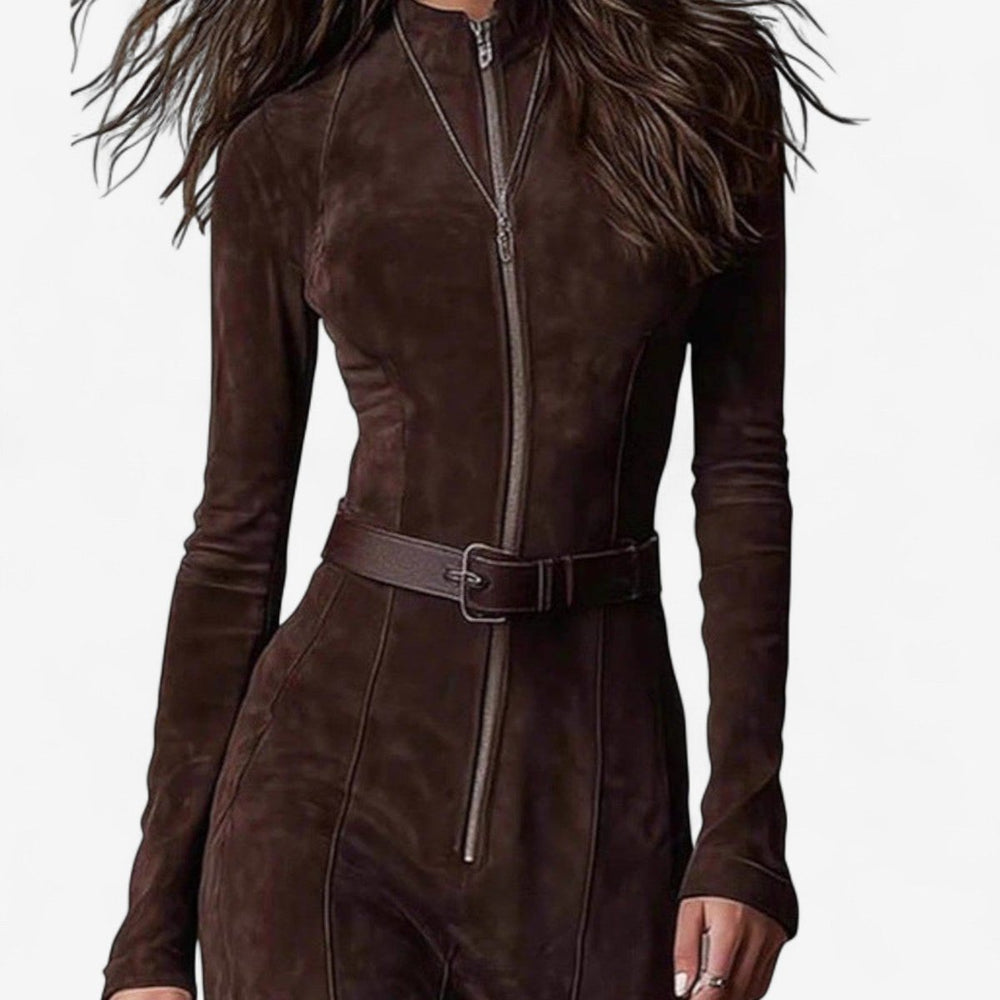 Women's Suede Long-Sleeve Belted Maxi Formal Dress