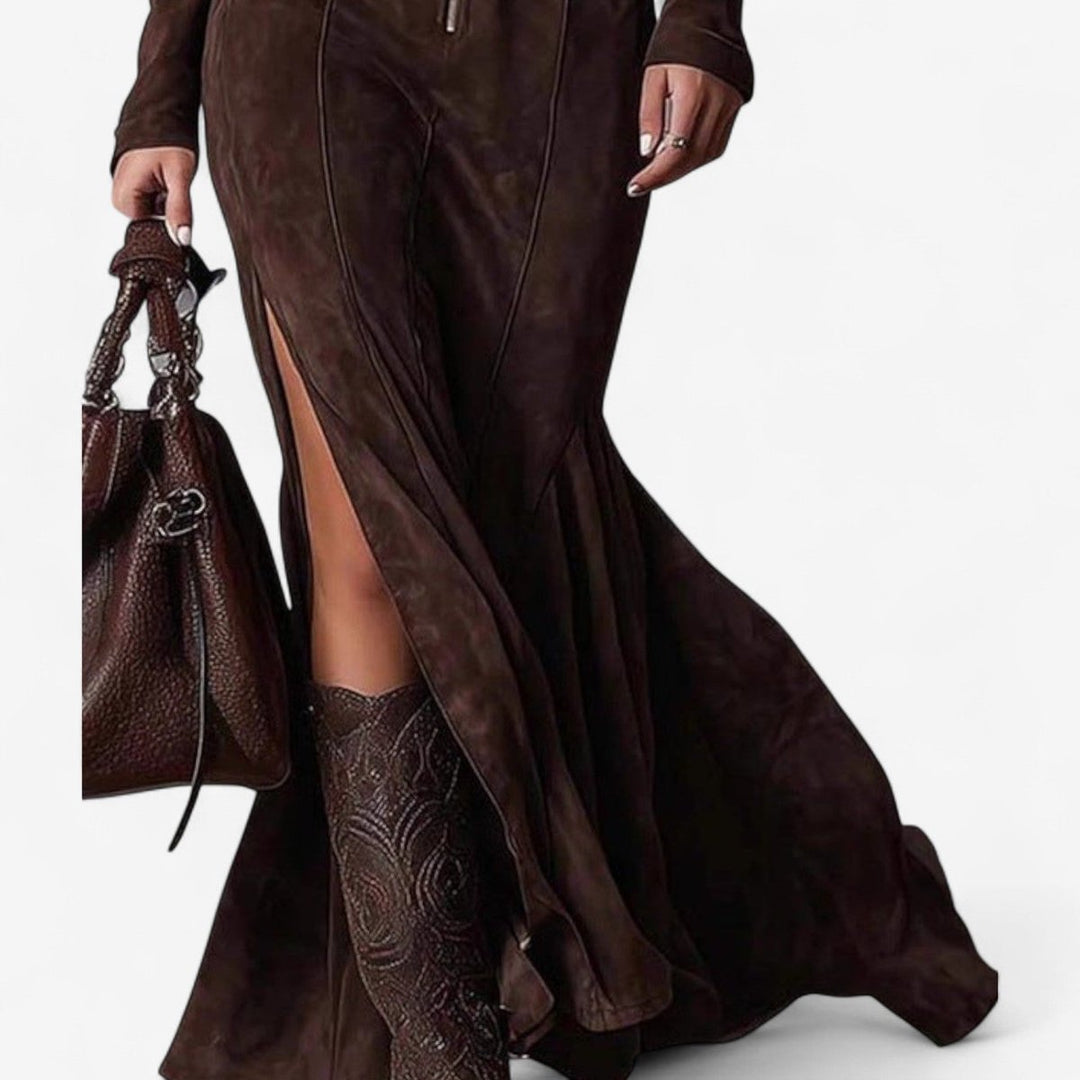 Women's Suede Long-Sleeve Belted Maxi Formal Dress