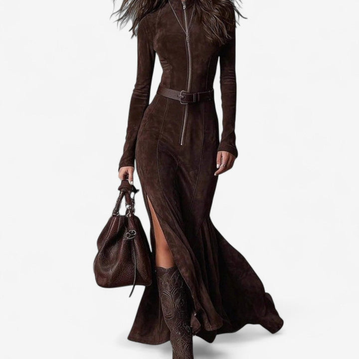 Women's Suede Long-Sleeve Belted Maxi Formal Dress