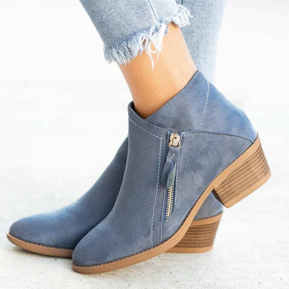 Women's Suede Low Chunky Heel Double-Zip Ankle Boots