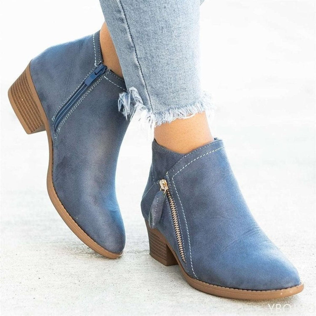 Women's Suede Low Chunky Heel Double-Zip Ankle Boots
