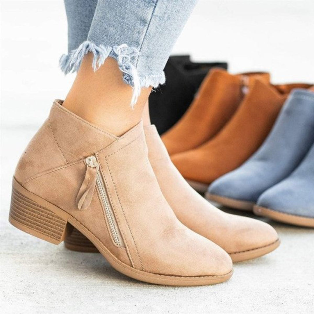 Women's Suede Low Chunky Heel Double-Zip Ankle Boots