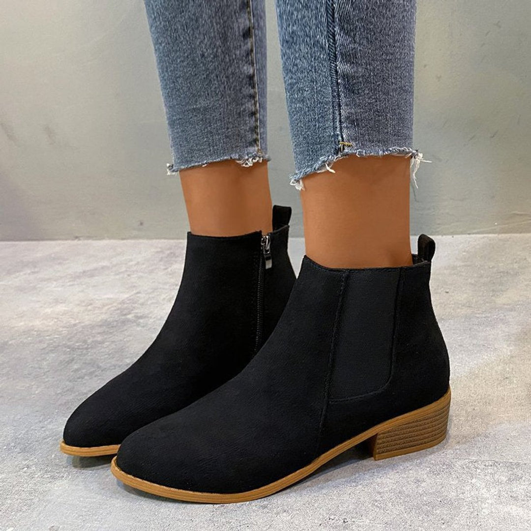 Women's Suede Pointed-Toe Block-Heel Zip Ankle Boots