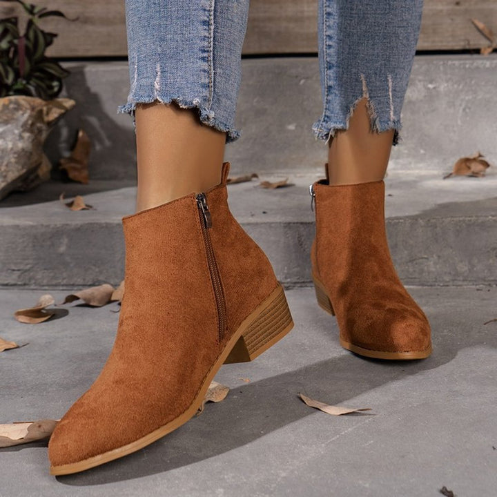 Women's Suede Pointed-Toe Block-Heel Zip Ankle Boots