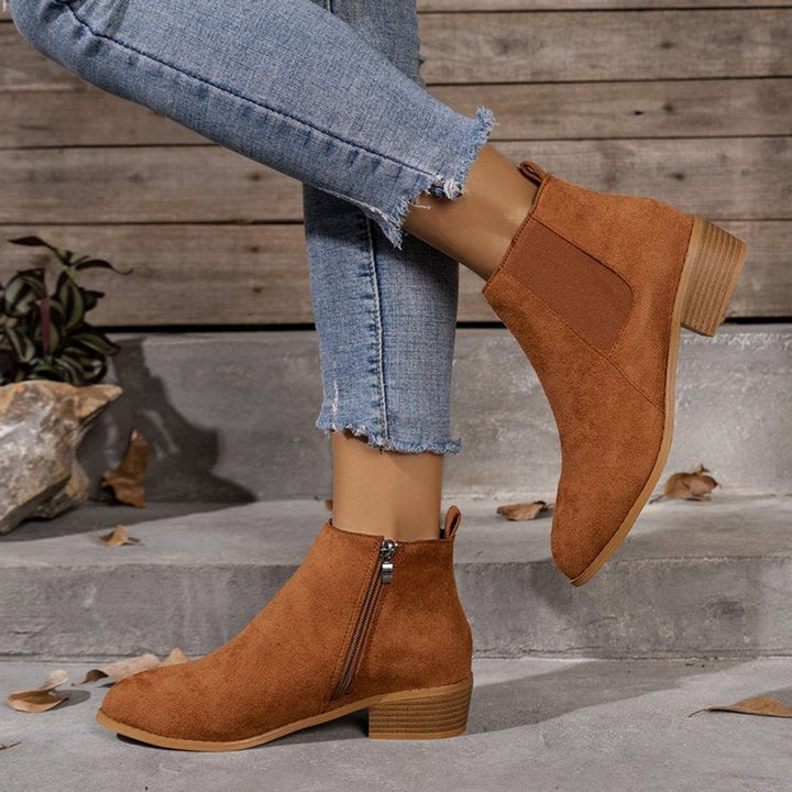 Women's Suede Pointed-Toe Block-Heel Zip Ankle Boots